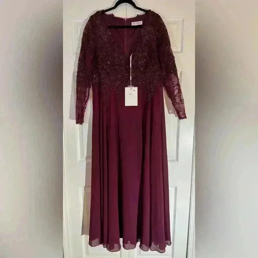 Mac Duggal Embellished Floral Lace V-Neck Illusion Long Sleeve Gown Size 14 - Picture 5 of 8